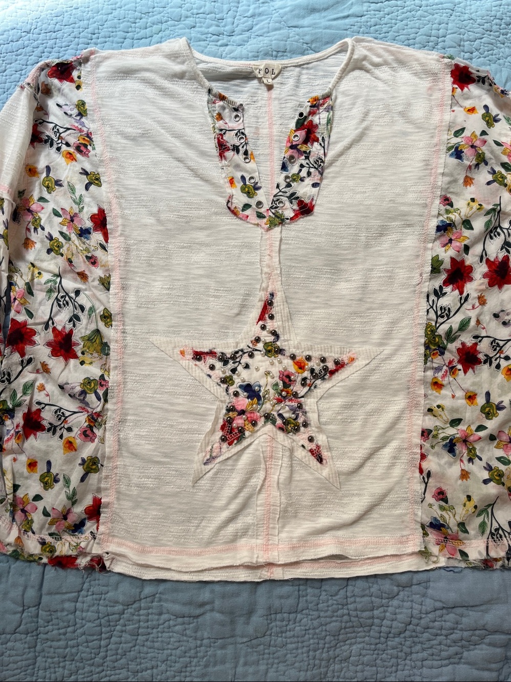 POL FLORAL STAR STUDDED V-CAN LACE UP NECK TOP, Boho lightweight linen